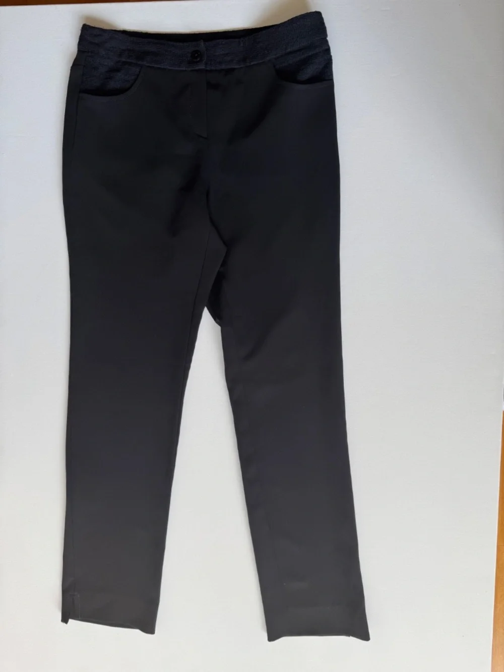 CHANEL Uniform Black Knit Waist Pants Women's Size 44 Straight Slit Leg